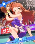  &gt;:d :d armpits audience ball bare_shoulders basketball brown_hair character_name flying_sweatdrops idolmaster idolmaster_million_live! jumping navel official_art oogami_tamaki open_mouth orange_eyes side_ponytail smile solo_focus sport sweat wristband 