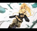  1girl action belt blonde_hair blood blood_on_face blue_eyes boots camouflage camouflage_pants dual_wielding fingerless_gloves frown gloves gun hair_ornament hairclip handgun highres letterboxed long_hair original pants pistol ponytail skull_hair_ornament solo soul4444 tank_top weapon 
