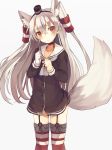  1girl amatsukaze_(kantai_collection) animal_ears blush brown_eyes choker fox_ears fox_tail garter_straps gloves grey_background haruka_(reborn) headgear highres kantai_collection kemonomimi_mode long_hair long_sleeves looking_at_viewer neckerchief red_legwear sailor_collar sailor_dress see-through silver_hair simple_background single_glove smile solo striped striped_legwear tail thigh-highs two_side_up white_gloves 