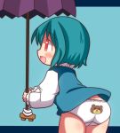  1girl ass back-print_panties bear_print bent_over blue_hair blush chikama_(hyzyo) child commentary_request karakasa_obake no_pants open_mouth panties pantyshot pantyshot_(standing) print_panties red_eyes shirt smile solo standing tatara_kogasa touhou umbrella underwear vest white_panties younger 