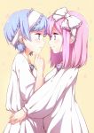  2girls arms_around_waist blue_eyes blue_hair blush bow dress eye_contact from_side fuu_(07199382) hair_bow hairband looking_at_another mole mole_under_eye multiple_girls original pink_eyes pink_hair profile short_hair smile white_dress yuri 