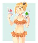  1girl bikini blonde_hair frilled_bikini frills haikyuu!! long_hair namiri shaved_ice side_ponytail solo swimsuit yachi_hitoka yellow_eyes 