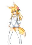  1girl animal_ears blonde_hair blue_eyes flower fox_ears fox_tail hair_flower hair_ornament hanami_shione highres long_hair long_sleeves open-chest_sweater original playjoe2005 ribbed_sweater simple_background smile solo sweater tail thigh-highs white_background 