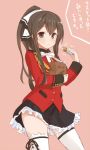  1girl aiguillette akagi_(kantai_collection) alternate_hairstyle amagi_brilliant_park bag bow cosplay croquette food frilled_skirt frills hair_ribbon holding_food kantai_collection note_(aoiro_clip) paper_bag pink_background ponytail pun ribbon sento_isuzu sento_isuzu_(cosplay) simple_background skirt smile solo thigh-highs thigh_ribbon thighs translation_request uniform white_legwear 