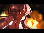  1girl anime_coloring armband backlighting bow bust cato_(monocatienus) collared_shirt embers fire fujiwara_no_mokou hair_bow lavender_hair letterboxed long_hair long_sleeves looking_at_viewer red_eyes smile solo touhou 
