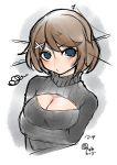  1girl al_bhed_eyes blue_eyes blush breast_hold breasts brown_hair bust cleavage cleavage_cutout hair_ornament hairclip headgear highres kantai_collection maya_(kantai_collection) open-chest_sweater ribbed_sweater shinobu_(pixiv2500) short_hair sweater turtleneck 
