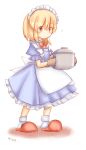  1girl apron blonde_hair highres maid maid_headdress mittens mugetsu pot ribbon short_hair smile solo touhou touhou_(pc-98) wdms yellow_eyes 