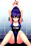  1girl absurdres armpits arms_up bdsm breasts cleavage fisheye hair_between_eyes highres hirano_katsuyuki large_breasts looking_at_viewer love_application payot ponytail purple_hair restrained school_swimsuit sitting solo swimsuit takigawa_aoi violet_eyes wet 