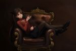  1girl brown_hair command_spell couch expressionless fate/stay_night fate_(series) green_eyes highres makesi solo thigh-highs tohsaka_rin toosaka_rin twintails 
