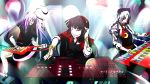  3girls alternate_costume animal_ears bangle black_hair bow bracelet braid chain contemporary crescent dj eyepatch grin hat headphones highres houraisan_kaguya instrument itocoh jacket jewelry keyboard_(instrument) long_hair loudspeaker multiple_girls necktie open_mouth phonograph playing_instrument purple_hair rabbit_ears red_eyes reisen_udongein_inaba ribbon silver_hair skirt smile tattoo tongue tongue_out touhou turntable yagokoro_eirin 