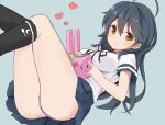  1girl ahoge ass black_hair black_legwear blue_background breasts brown_eyes cannon hair_between_eyes hair_ornament heart kantai_collection kneehighs large_breasts long_hair note_(aoiro_clip) panties pantyshot pink_panties pleated_skirt school_uniform serafuku simple_background skirt smile underwear ushio_(kantai_collection) 