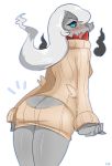  1girl ass ass_cutout blue_eyes blush butt_crack copyright_request darkrai fang grey_skin highres hitodama lightsource long_hair looking_back open_mouth pokemon ribbed_sweater silver_hair solo sweater 