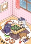  4girls akatsuki_(kantai_collection) blue_hair board_game book brown_hair cat chibi cup food fruit hat hibiki_(kantai_collection) highres hinata_yuu ikazuchi_(kantai_collection) inazuma_(kantai_collection) kantai_collection kotatsu mandarin_orange multiple_girls northern_ocean_hime pocky shinkaisei-kan silver_hair slippers snowing table tea 