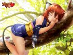  1girl animal_ears brown_hair cat_ears cat_tail closed_eyes game_cg hunie_pop japanese_clothes momo_(hunie_pop) ninamo short_hair sleeping solo tail tree 