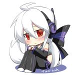  1girl breasts caffein chibi cleavage commentary_request detached_sleeves long_hair ponytail red_eyes silver_hair solo tears vocaloid yowane_haku 