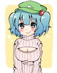  1girl alternate_costume blue_hair breasts cleavage_cutout grey_eyes hair_bobbles hair_ornament hat kawashiro_nitori large_breasts long_sleeves meme-tan_(bana_nan26) open-chest_sweater ribbed_sweater smile solo sweater touhou turtleneck twintails 