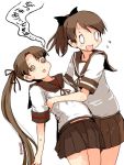  0_0 2girls @_@ ayanami_(kantai_collection) brown_hair brown_skirt commentary_request fainting flying_sweatdrops hair_ribbon holding kanoe_soushi kantai_collection long_hair multiple_girls open_mouth ponytail ribbon school_uniform serafuku shikinami_(kantai_collection) short_hair side_ponytail simple_background skirt sweat sweatdrop thighs translated twitter_username white_background wide_oval_eyes 
