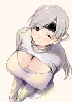  artist_request breast_squeeze breasts brown_eyes chitose_(kantai_collection) cleavage_cutout grey_hair headband highres huge_breasts kantai_collection long_hair one_eye_closed open-chest_sweater ponytail simple_background smile turtleneck white_background 