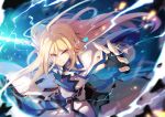  1boy belt blonde_hair blue_eyes dated electricity fingerless_gloves gloves guilty_gear guilty_gear_xrd ky_kiske long_hair signature solo sword tel-o weapon 