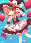  1girl balloon blonde_hair bow braid checkered checkered_background flower hair_bow hat highres jewelry kirisame_marisa long_hair nanahamu necklace pearl pearl_necklace ribbon solo star touhou witch_hat yellow_eyes 
