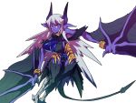  1girl :&lt; bangle bare_shoulders bat_wings bracelet breasts claws demon_girl demon_horns demon_tail dress fur grey_hair highres horns jewelry large_breasts long_hair marupon nise_maou_hisozeru perky_breasts pink_hair pointy_ears purple_skin solo tail talons thigh_gap very_long_hair wings yuusha_to_maou 