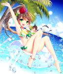  1girl anklet barefoot bikini brown_hair dolphin flower food green_eyes hair_flower hair_ornament ice_cream jewelry legs long_hair myoya ocean palm_tree side_ponytail sky smile solo striped striped_bikini striped_swimsuit swimsuit toenail_polish tree water water_drop 