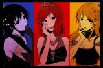  3girls ayase_eli black_dress black_eyes black_hair blonde_hair blue_background dress earrings elbow_gloves gloves hair_ornament hands jewelry love_live!_school_idol_project multicolored_background multiple_girls nishikino_maki red_background redhead soldier_game sonoda_umi yellow_background 