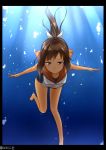  1girl bare_legs bare_shoulders barefoot black_border brown_eyes brown_hair dark_skin ffmania7 high_ponytail highres i-401_(kantai_collection) kantai_collection ponytail sailor_collar school_swimsuit smile solo swimsuit twitter_username underwater 