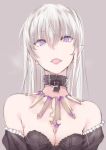  1girl bare_shoulders black_dress breasts bust collar dress fang fangs jewelry lock long_hair looking_at_viewer necklace original pointy_ears solo tongue tongue_out touma_raito vampire violet_eyes white_hair 
