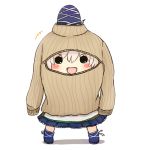  1girl blush_stickers chibi cleavage_cutout hat hat_ribbon long_sleeves looking_at_viewer lowres mononobe_no_futo open-chest_sweater open_mouth oversized_clothes rei_(tonbo0430) ribbed_sweater ribbon silver_hair skirt smile solid_circle_eyes solo sweater touhou turtleneck wardrobe_error you&#039;re_doing_it_wrong 