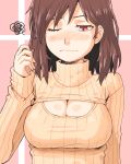  1girl blush breasts brown_hair cleavage cleavage_cutout embarrassed large_breasts one_eye_closed open-chest_sweater original red_eyes ribbed_sweater shibumi short_hair solo squiggle sweater turtleneck wavy_mouth 