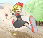  blonde_hair blood closed_eyes dress fangs happy laughing okahi open_mouth outstretched_arms ribbon rope rumia running shoes short_hair touhou 