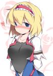  1girl alice_margatroid arms_behind_back blonde_hair blue_eyes blush breasts camisole capelet commentary hairband hammer_(sunset_beach) lolita_hairband looking_at_viewer nose_blush open_clothes revision short_hair simple_background solo squiggle touhou white_background 