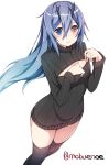  1girl aqua_hair black_legwear blue_eyes blue_hair blush cleavage_cutout gradient_hair hair_between_eyes heterochromia highres horns io_(pso2) looking_at_viewer multicolored_hair noe_(mabue) open-chest_sweater open_mouth phantasy_star phantasy_star_online_2 ribbed_sweater short_hair simple_background solo sweater thigh-highs turtleneck twitter_username white_background yellow_eyes 