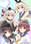  4girls :d amatsukaze_(kantai_collection) armpits bare_shoulders black_bow black_hair blonde_hair brown_dress brown_hair choker dress elbow_gloves gloves gradient_hair harband honeycomb_background kantai_collection long_hair looking_at_viewer multicolored_hair multiple_girls neckerchief open_mouth sailor_collar sailor_dress shimakaze_(kantai_collection) short_hair_with_long_locks silver_hair smile tokitsukaze_(kantai_collection) tsukimochikuriko_(tsukimochi_k) two_side_up w white_dress white_gloves yukikaze_(kantai_collection) 