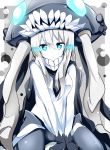  1girl bare_shoulders blue_eyes bodysuit cape gloves glowing glowing_eyes hat kantai_collection long_hair looking_at_viewer pale_skin shinekalta shinkaisei-kan silver_hair solo wo-class_aircraft_carrier 