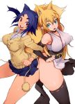  2girls :d animal_ears aqua_eyes aruko_(nac000) ass-to-ass bare_shoulders black_legwear blonde_hair breasts bridal_gauntlets cardigan eyebrows fox_ears fox_tail highres jpeg_artifacts locked_arms long_hair looking_at_viewer multiple_girls nac000 open_mouth original pointy_ears short_hair simple_background skirt smile tail thigh-highs thighs white_background 