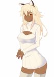  1girl atto_youhei blonde_hair dark_skin guilty_gear highres long_hair looking_at_viewer open-chest_sweater ramlethal_valentine red_eyes simple_background solo thigh-highs white_background 