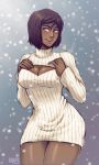  1girl alternate_hair_length alternate_hairstyle avatar:_the_last_airbender blue_eyes blush breast_squeeze breasts brown_hair cleavage commentary dark_skin iahfy korra large_breasts legend_of_korra open-chest_sweater ribbed_sweater short_hair smile snowing solo sweater sweater_dress thighs turtleneck wide_hips 