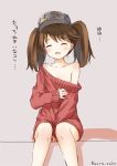  1girl :d ^_^ between_legs blush brown_hair closed_eyes collarbone facing_viewer flat_chest hand_between_legs kantai_collection naked_sweater off_shoulder open_mouth ribbed_sweater ryuujou_(kantai_collection) sitting smile solo suke_(momijigari) sweater twintails twitter_username visor_cap 