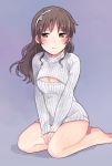  1girl ashigara_(kantai_collection) bare_legs barefoot blush breasts brown_eyes brown_hair cleavage cleavage_cutout fujino_(unajisaiko) grey_background hairband kantai_collection long_hair looking_at_viewer open-chest_sweater revision ribbed_sweater seiza simple_background sitting solo sweater v_arms wariza 