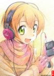  1girl artist_name bust coupy_pencil_(medium) digital_media_player gloves gofu green_eyes headphones hoshizora_rin looking_at_viewer love_live!_school_idol_project open_mouth orange_hair scarf short_hair signature smile solo traditional_media watermark web_address 