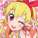  1girl ;d aikatsu! blonde_hair food fruit hoshimiya_ichigo long_hair mebae object_namesake one_eye_closed open_mouth ribbon smile solo strawberry 