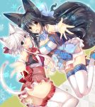  2girls :d ahoge animal_ears ass blue_eyes blush bow breasts cat_ears cat_tail cleavage fox_ears fox_tail hair_bow hanpen_(hannpenn2) long_hair looking_at_viewer multiple_girls open_mouth original outstretched_hand short_hair_with_long_locks smile tail thigh-highs white_background white_hair wrist_cuffs yellow_eyes 