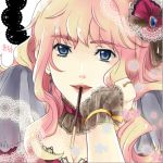 1girl blonde_hair blue_eyes doily face head_rest looking_at_viewer macross macross_frontier mouth_hold pocky sheryl_nome wavy_hair yurimami 