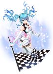  1girl blue_eyes blue_hair checkered checkered_flag elbow_gloves gloves goodsmile_company goodsmile_racing hatsune_miku headphones leotard racequeen smile solo twintails vocaloid 