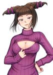  1girl breasts brown_hair cleavage cleavage_cutout han_juri hand_on_hip kairan-momochi looking_at_viewer open-chest_sweater ribbed_sweater short_hair simple_background smile solo street_fighter street_fighter_iv super_street_fighter_iv sweater turtleneck turtleneck_sweater violet_eyes white_background 