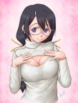  1girl ^jj^ bakemonogatari black_hair glasses hanekawa_tsubasa highres long_hair monogatari_(series) open-chest_sweater ribbed_sweater sweater violet_eyes 