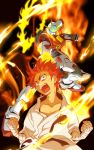  1boy bandages build_burning_gundam cuts dougi fire gundam gundam_build_fighters gundam_build_fighters_try highres injury kamiki_sekai karate_gi male mecha null2deoru open_mouth red_eyes redhead solo 