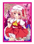  1girl ascot blonde_hair butterfly fang flandre_scarlet flower frame hat hat_ribbon highres mob_cap open_mouth pink_eyes puffy_short_sleeves puffy_sleeves ribbon rika-tan_(rikatantan) rose scarlet_devil_mansion shirt short_sleeves skirt skirt_set smile solo touhou vest wings wrist_cuffs 
